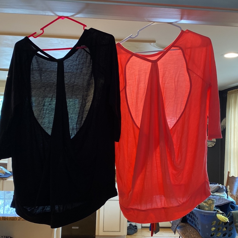 Two cute open back workout shirts